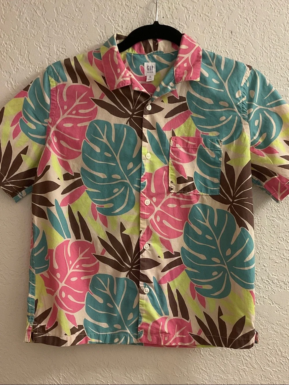 GAP Short-Sleeve Tropical Leaf Shirt - Teal, Pink & Brown